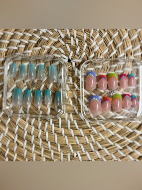 CUSTOM 2 Pairs of Mermaid Ombré Blue w/Glitter & Neon Tip Coffin Faux Nails 💅